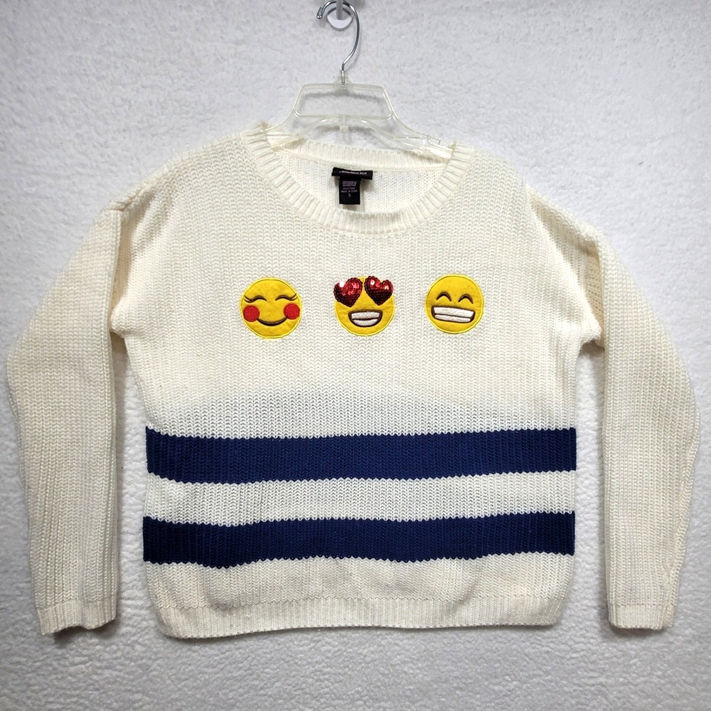 Cream & Blue Striped Emoji Patch Crewneck Longsleeve Sweater
